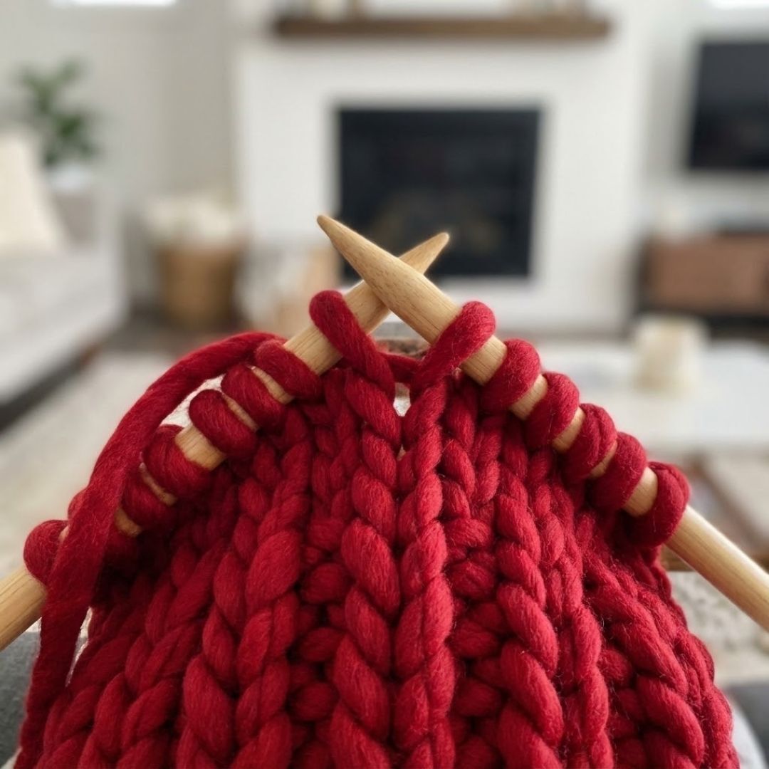 a red, super bulky wool beanie being knitted on large wooden needles, showing thick, textured stitches