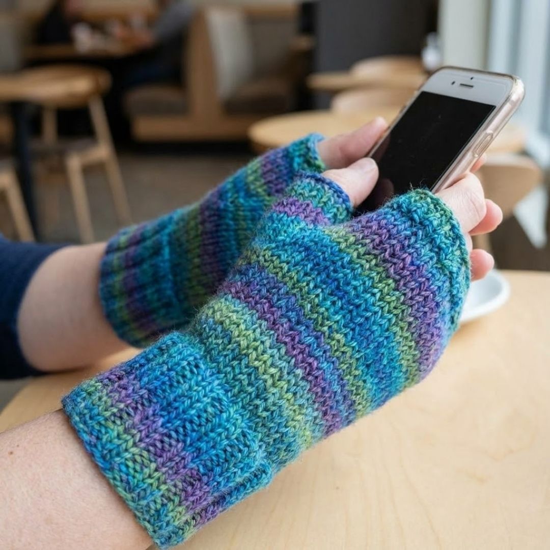 A pair of hands wearing practical, hand-knitted fingerless mitts in blue and purple variegated yarn while holding a smartphone