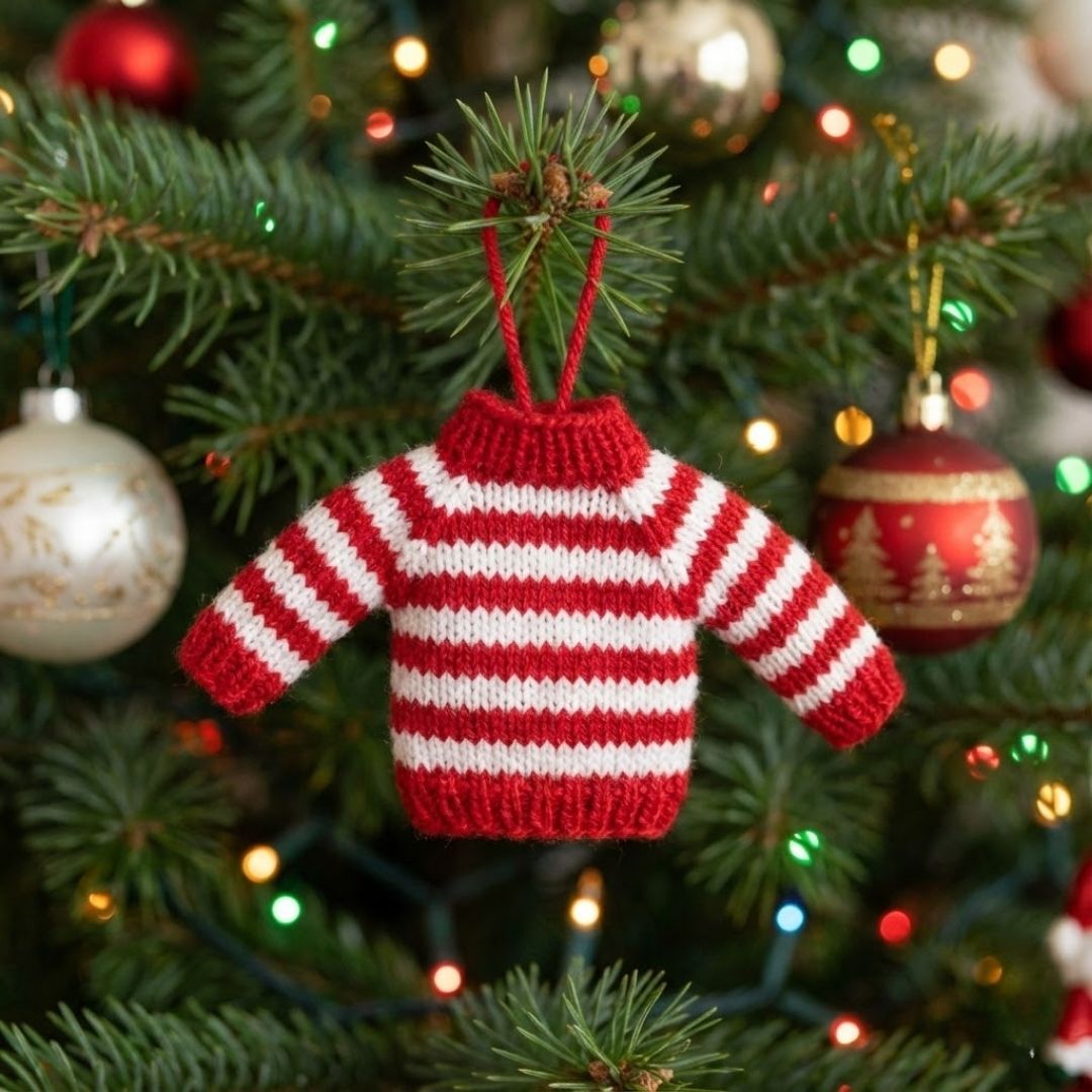 A small, hand-knitted miniature sweater ornament in red and white stripes hanging from a Christmas tree branch