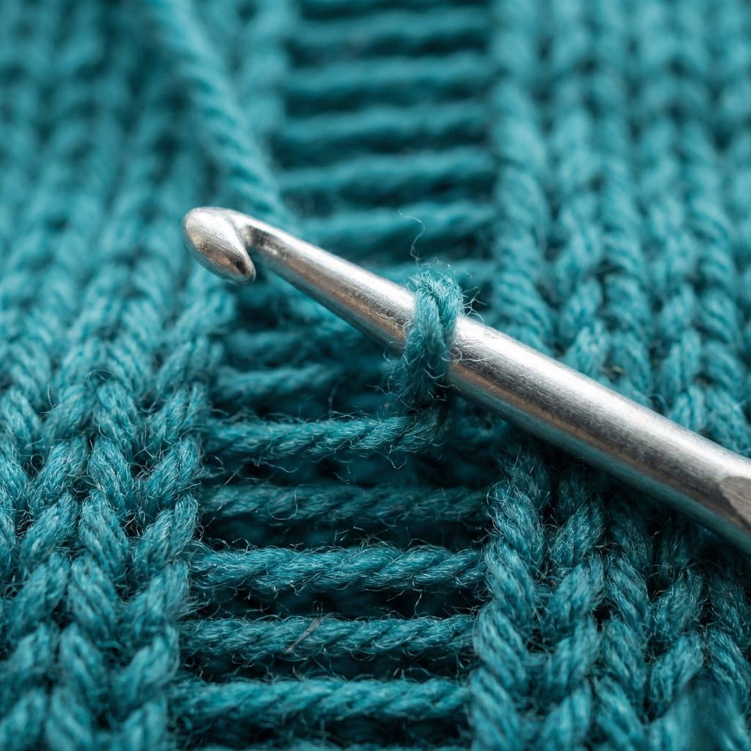 A crochet hook being used to fix a dropped stitch mid-row without unraveling the project.