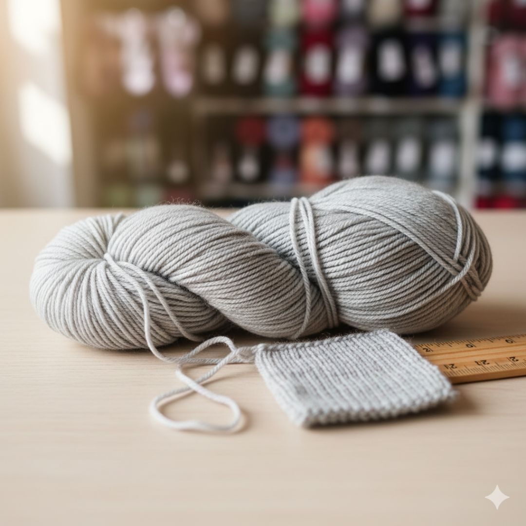 Close-up of a skein of DK weight yarn being knitted